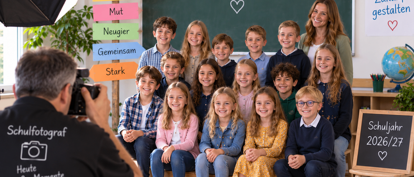 Eine Gruppe von Kindern und einer Lehrerin posiert für ein Foto in einem Klassenzimmer mit einer Tafel im Hintergrund. Auf der Tafel stehen Wörter wie 'Respekt', 'Freundschaft' und 'Mut'.