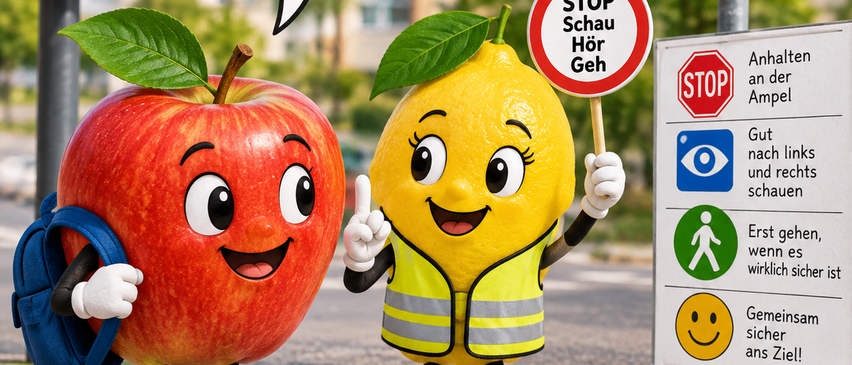 Zwei Cartoon-Figuren, ein Apfel und eine Zitrone, überqueren die Straße. Der Apfel trägt einen Rucksack und Turnschuhe, während die Zitrone eine Sicherheitsweste trägt. Ein Ampeln und ein Stoppschild sind in der Nähe.