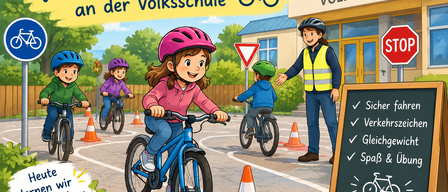 Illustration of children riding bicycles in a workshop with a traffic sign, cones, and a teacher.