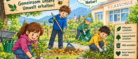 Illustration of children planting a tree and cleaning up a garden with a sign that reads 'Together we maintain our environment!'. A bee and a butterfly are present.