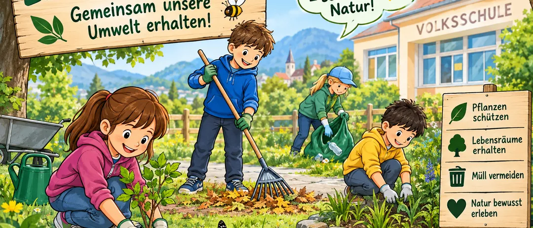 Illustration von Kindern, die einen Baum pflanzen und einen Garten aufräumen, mit einem Schild, das 'Gemeinsam erhalten wir unsere Umwelt!' besagt. Eine Biene und ein Schmetterling sind anwesend.