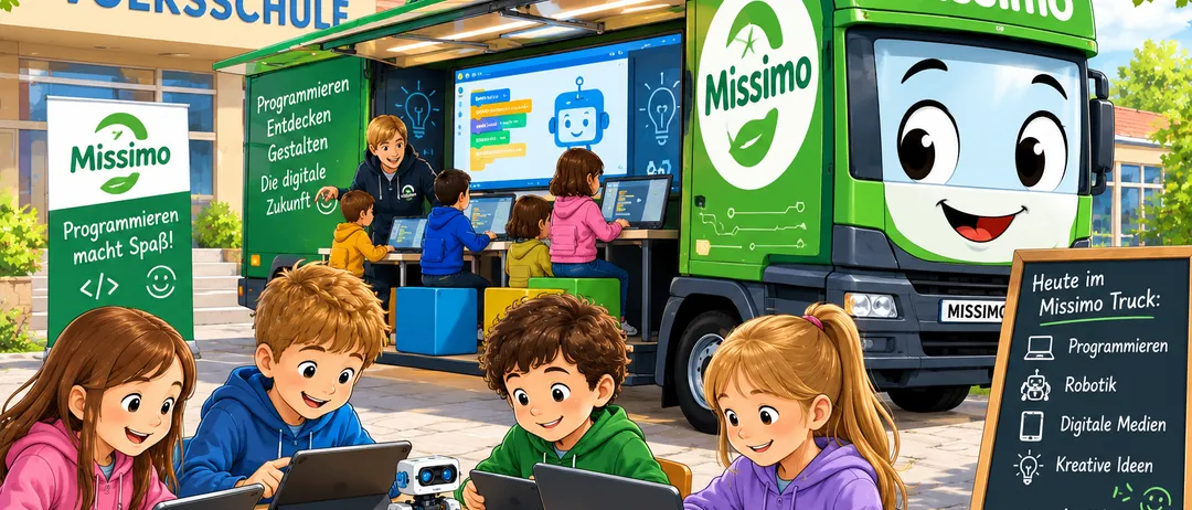 Illustration von Kindern, die in einem mobilen Klassenzimmer programmieren lernen, mit einem Roboter und Laptops. Der Lastwagen ist mit 'Missimo' beschriftet.
