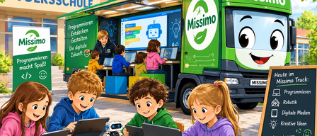 Illustration of children learning coding in a mobile classroom with a robot and laptops. The truck is labeled 'Missimo'.