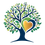Volksschule Alland-Logo. Illustration eines Baumes mit grünen Blättern und einem herzförmigen Stamm auf schwarzem Hintergrund.