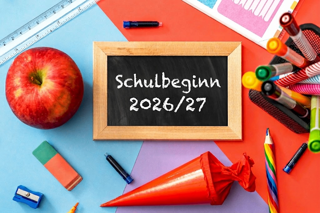 Ein Schultafel mit dem Text 'Schulbeginn 2026/27' umgeben von Schulutensilien wie einem roten Apfel, einem Stift und einem Anspitzer auf einem bunten Hintergrund.