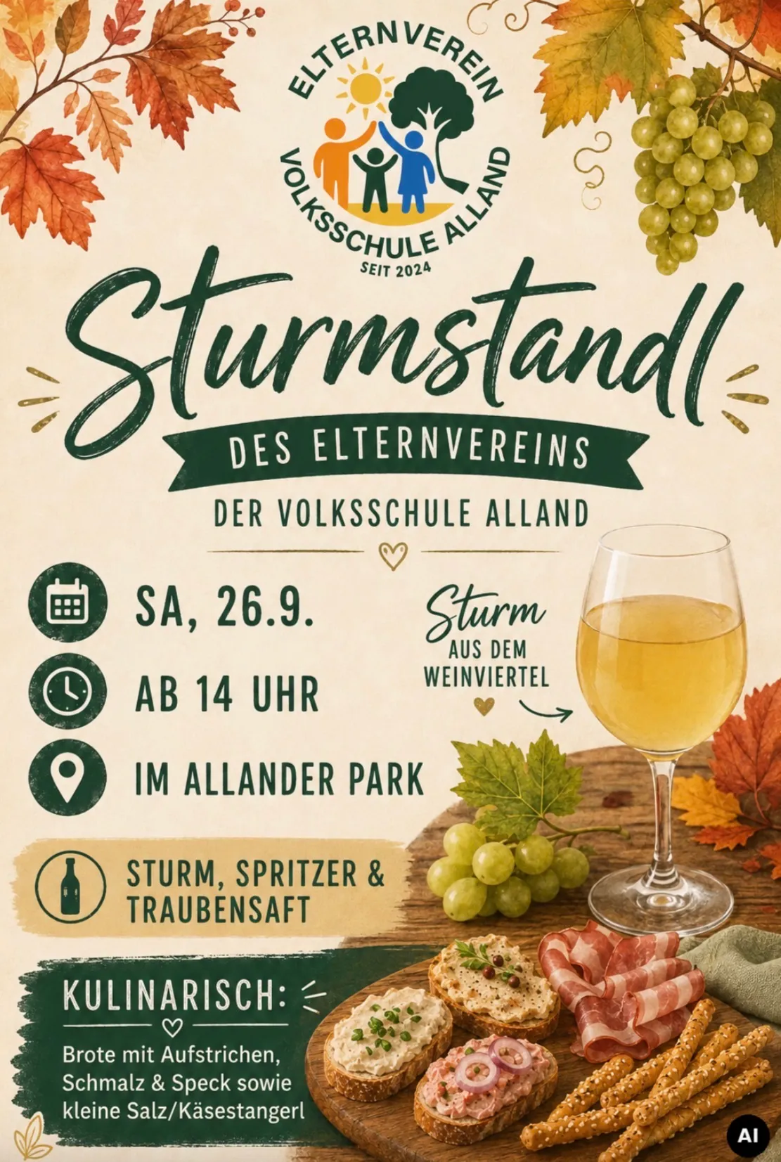 Plakat für eine Weinverkostung an der Alland Schule mit einem Glas Wein, Trauben und Herbstblättern. Die Veranstaltung findet am 26. September ab 14 Uhr im Allander Park statt.