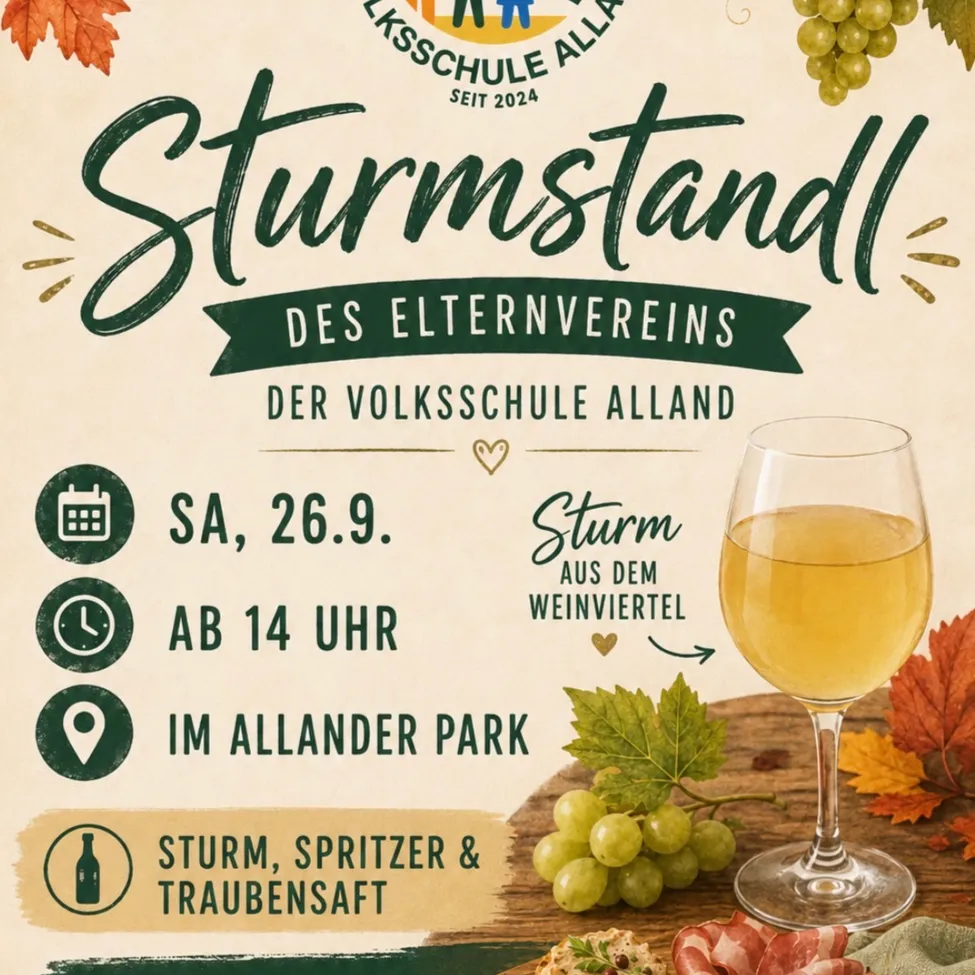 Plakat für eine Weinverkostung an der Alland Schule mit einem Glas Wein, Trauben und Herbstblättern. Die Veranstaltung findet am 26. September ab 14 Uhr im Allander Park statt.