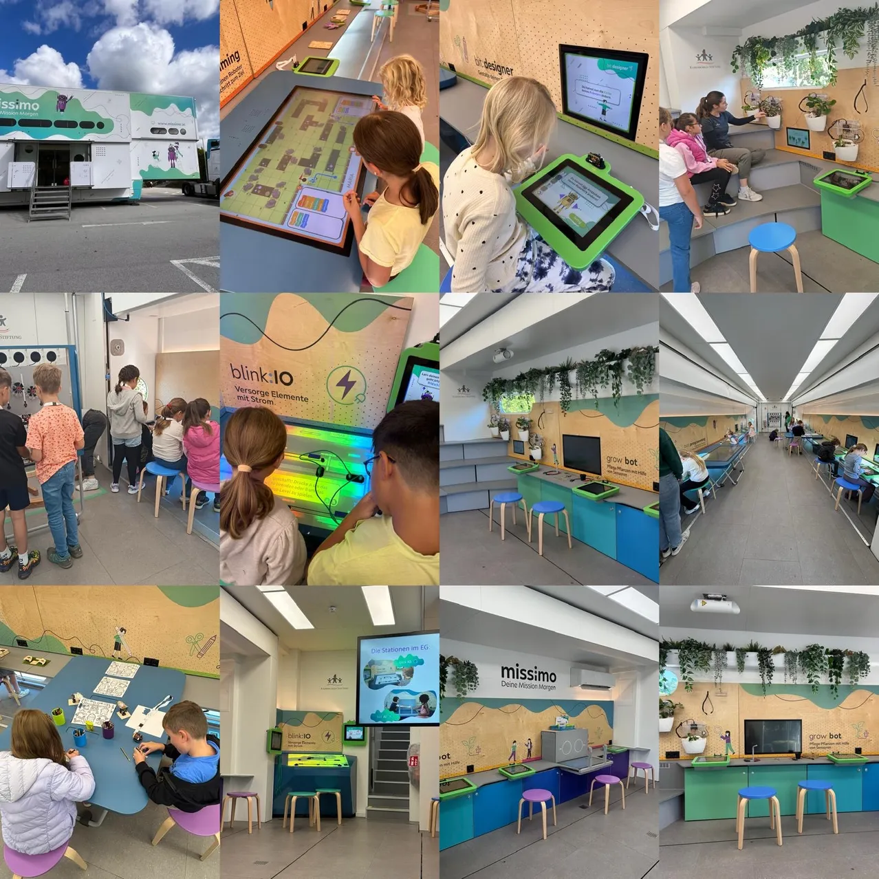 Eine Collage von Bildern, die Kinder bei verschiedenen Bildungsaktivitäten in einem mobilen Klassenzimmer zeigt. Die Bilder zeigen Kinder, die Tablets benutzen, Bastelarbeiten machen und mit Bildungswerkzeugen interagieren.