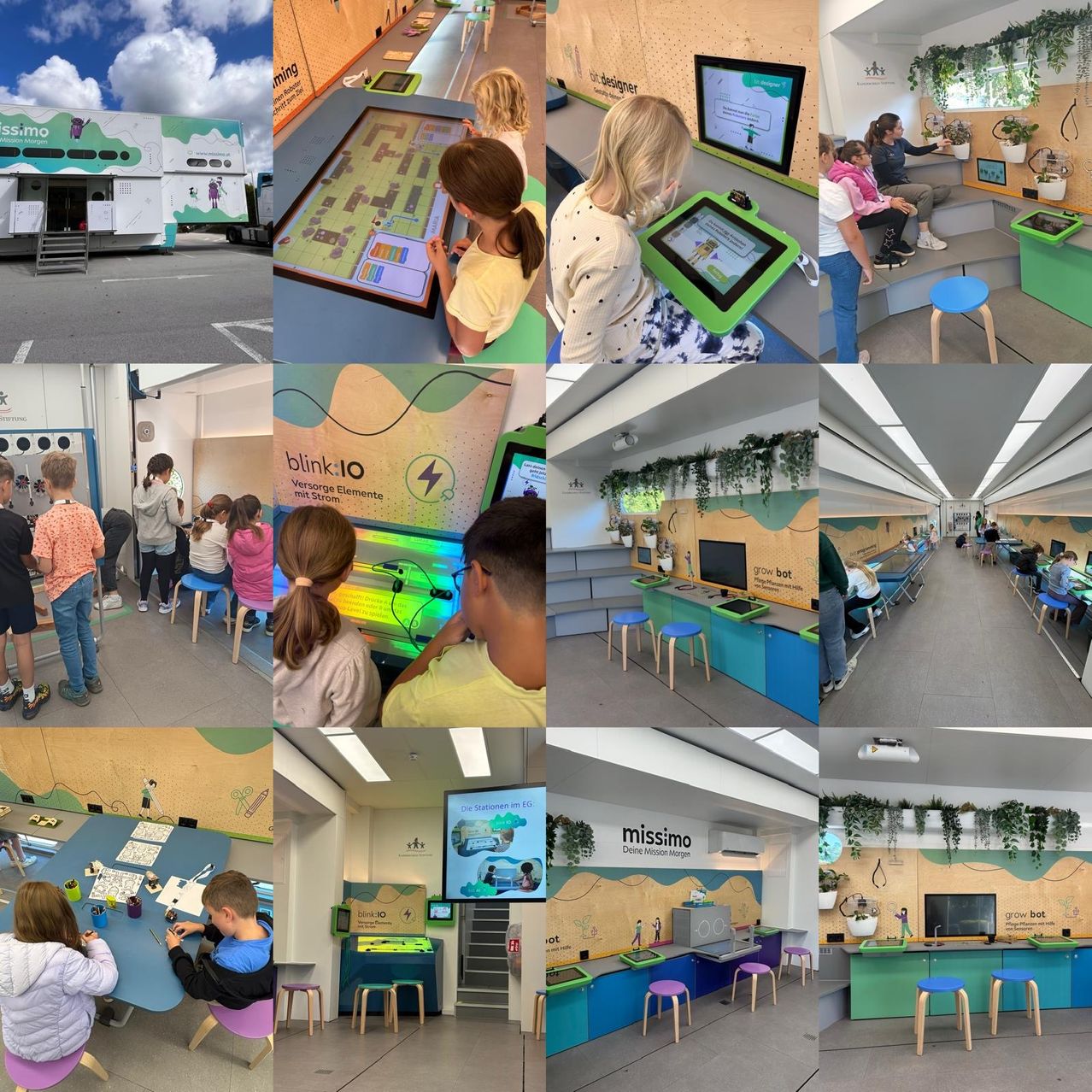 Eine Collage von Bildern, die Kinder bei verschiedenen Bildungsaktivitäten in einem mobilen Klassenzimmer zeigt. Die Bilder zeigen Kinder, die Tablets benutzen, Bastelarbeiten machen und mit Bildungswerkzeugen interagieren.