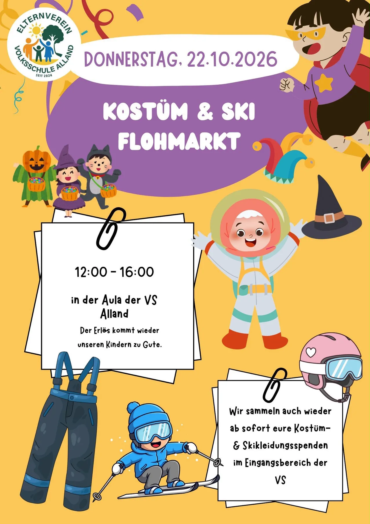 Ein Plakat für einen Kostüm- und Ski-Flohmarkt am 22.10.2026 in der VS Alland Schule. Das Plakat zeigt verschiedene Cartoon-Figuren in unterschiedlichen Kostümen und Skiausrüstung, zusammen mit einem Kürbis und einem Hexenhut.