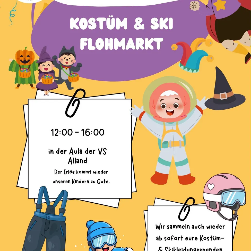 Ein Plakat für einen Kostüm- und Ski-Flohmarkt am 22.10.2026 in der VS Alland Schule. Das Plakat zeigt verschiedene Cartoon-Figuren in unterschiedlichen Kostümen und Skiausrüstung, zusammen mit einem Kürbis und einem Hexenhut.
