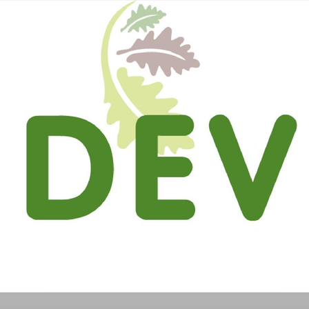 Grüne Buchstaben bilden das Wort 'DEV' über einem Design aus Blättern. Darunter befindet sich ein schwarzer Rechteck.