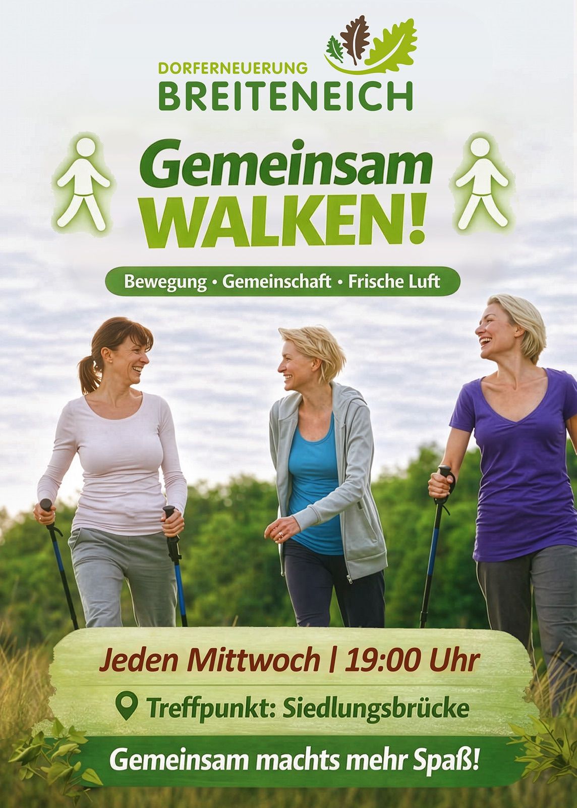 Drei Frauen wandern mit Stöcken an einem sonnigen Tag. Der Plakattext Gemeinschaft Walken! enthält einen Zeitplan für jeden Mittwoch um 19:00 Uhr.