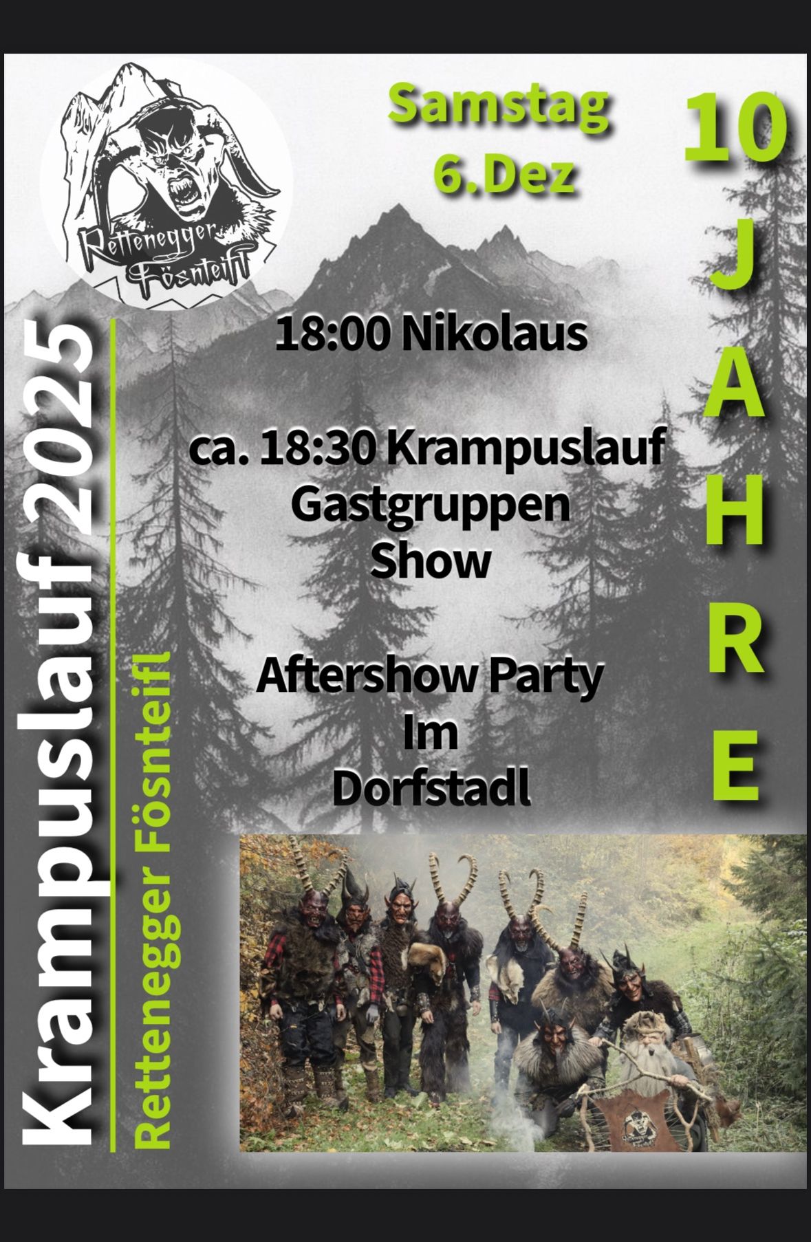Poster for an event on December 6, 2025. It features a mountain backdrop with Krampuslauf around 6:30 PM, a Gastgruppen Show, and an Aftershow Party in Dorfstadl. There is an image of people in Krampus costumes.