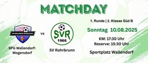 Spieltagsplakat für die erste Runde mit SVR 1966, einem Fußballteam aus Rohrbrunn, geplant für Sonntag auf dem Sportplatz.