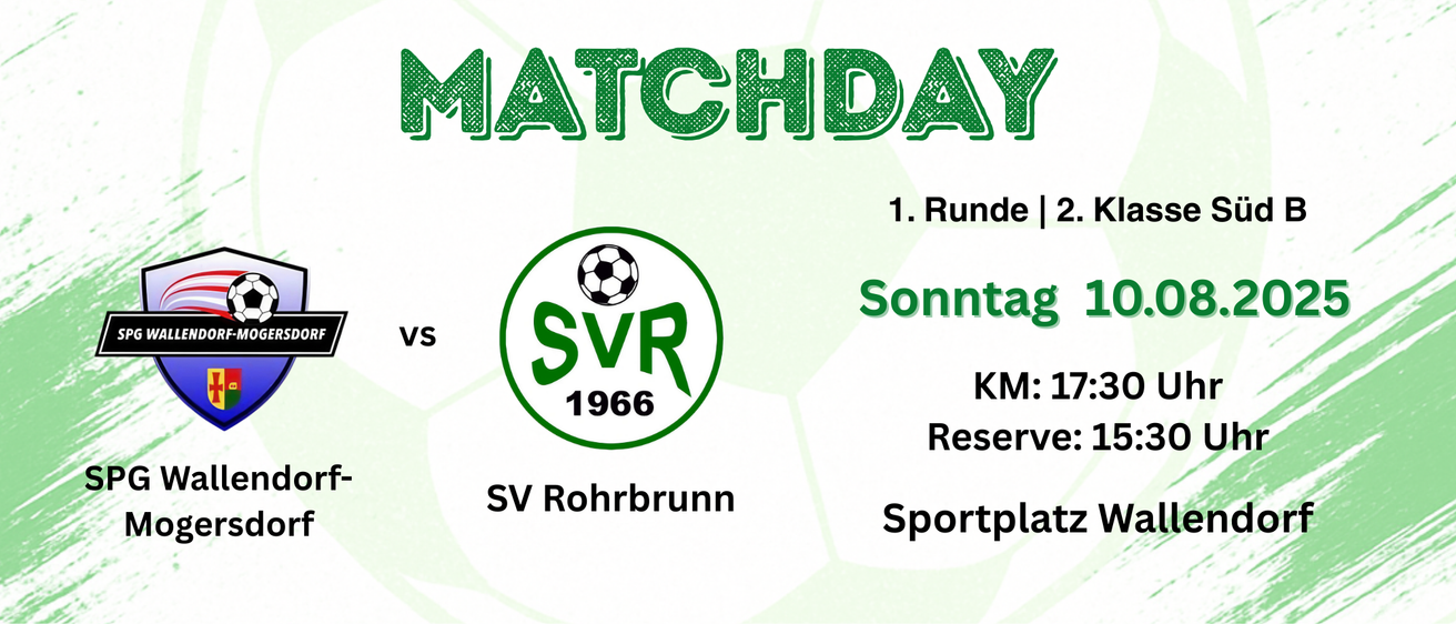 Spieltagsplakat für die erste Runde mit SVR 1966, einem Fußballteam aus Rohrbrunn, geplant für Sonntag auf dem Sportplatz.