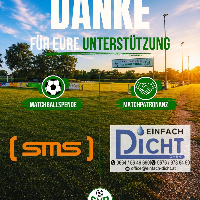 Ein Plakat, das für die Unterstützung eines Fußballteams wirbt, mit einem Fußball, einer Handschüttel und Kontaktinformationen. Der Hintergrund zeigt ein Fußballfeld mit Bäumen und einer untergehenden Sonne.