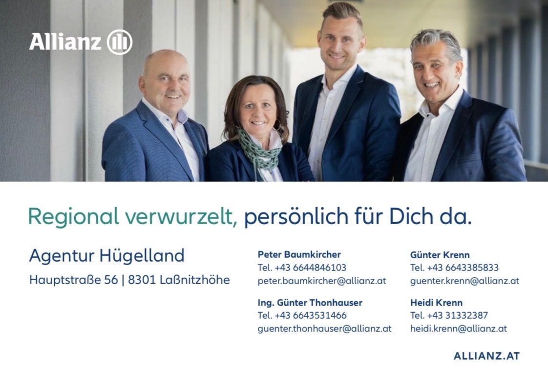 Five smiling professionals stand outside with a company logo, names and contact details. From left: Peter Baumkircher, Ing. Gunter Thonnhauser, Heidi Krenn, Gunter Krenn, and another man.