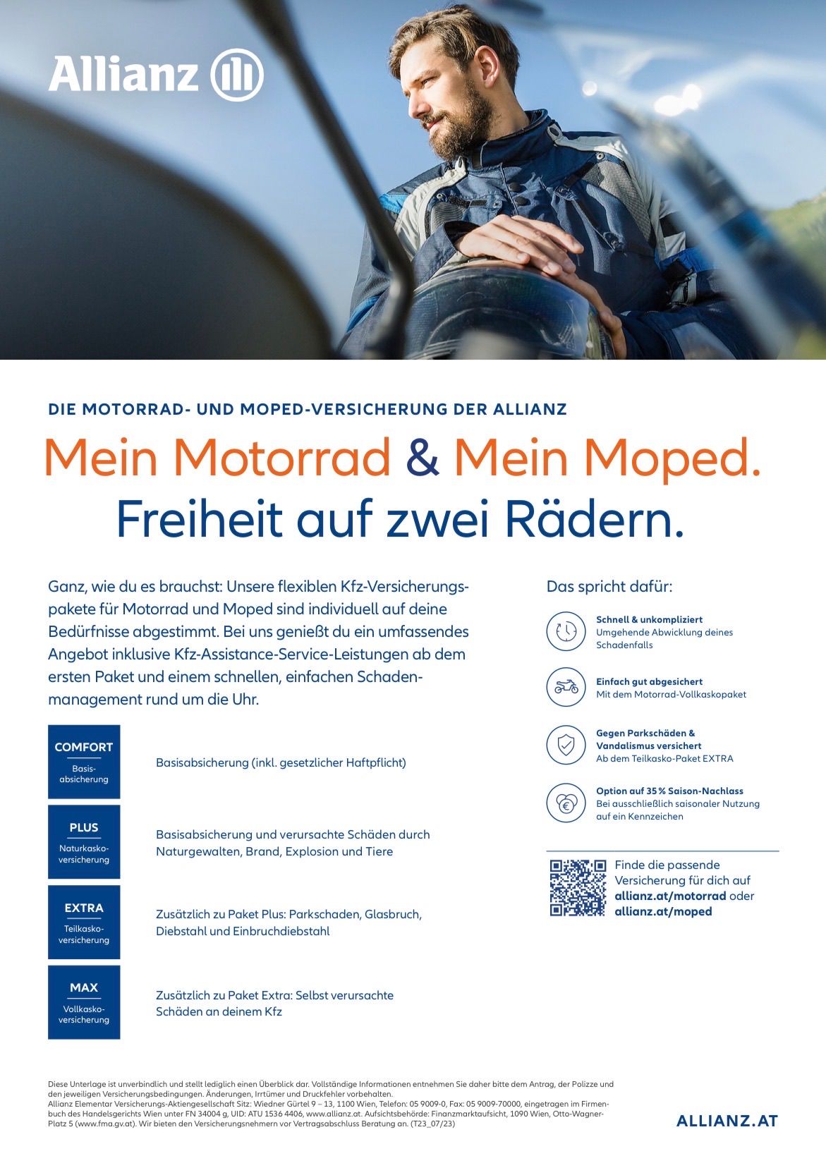Allianz bietet flexible Motorrad- und Moped-Versicherungspakete, die auf individuelle Bedürfnisse zugeschnitten sind. Umfassende Deckung beinhaltet Vollkasko, Pannenhilfe und schnelle Schadenregulierung. Optionen umfassen Diebstahlschutz, Glasbruch und Diebstahlschutz.