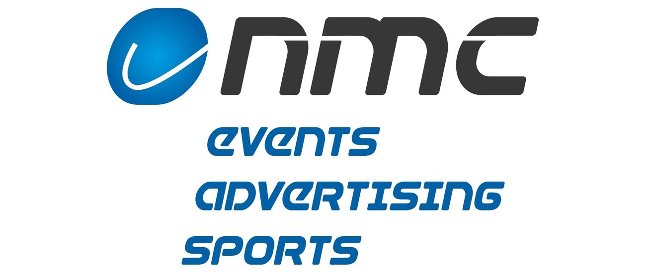 Das Logo für NMC zeigt einen blauen Kreis mit einem Swoosh und den Texten 'NMC', 'Events', 'Werbung' und 'Sport'.