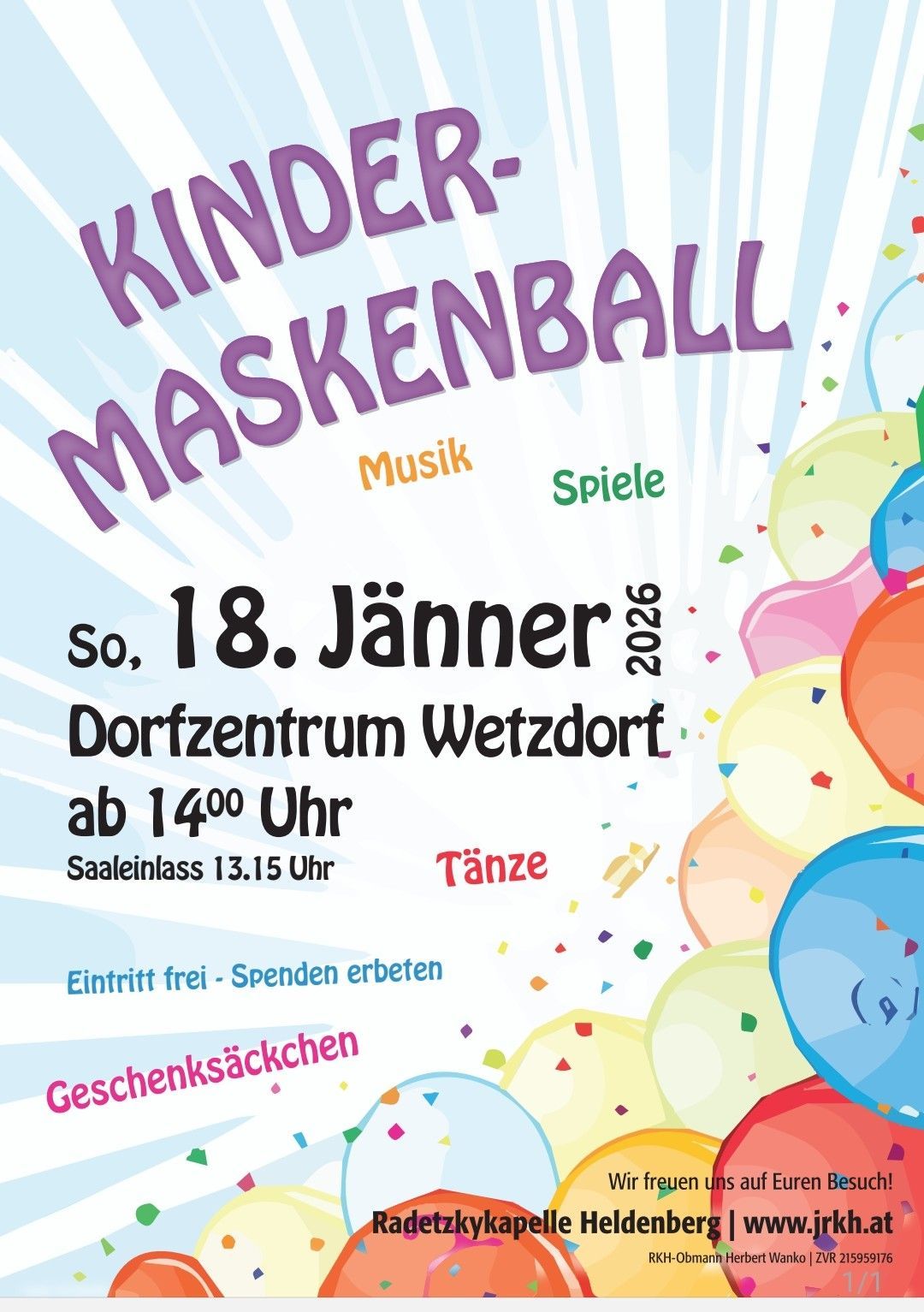 Plakat für einen Kindermaskenball mit Musik und Spielen im Dorfzentrum Wetzdorf am 18. Januar 2026, Beginn 14:00 Uhr. Der Eintritt ist frei, Geschenke sind verfügbar.