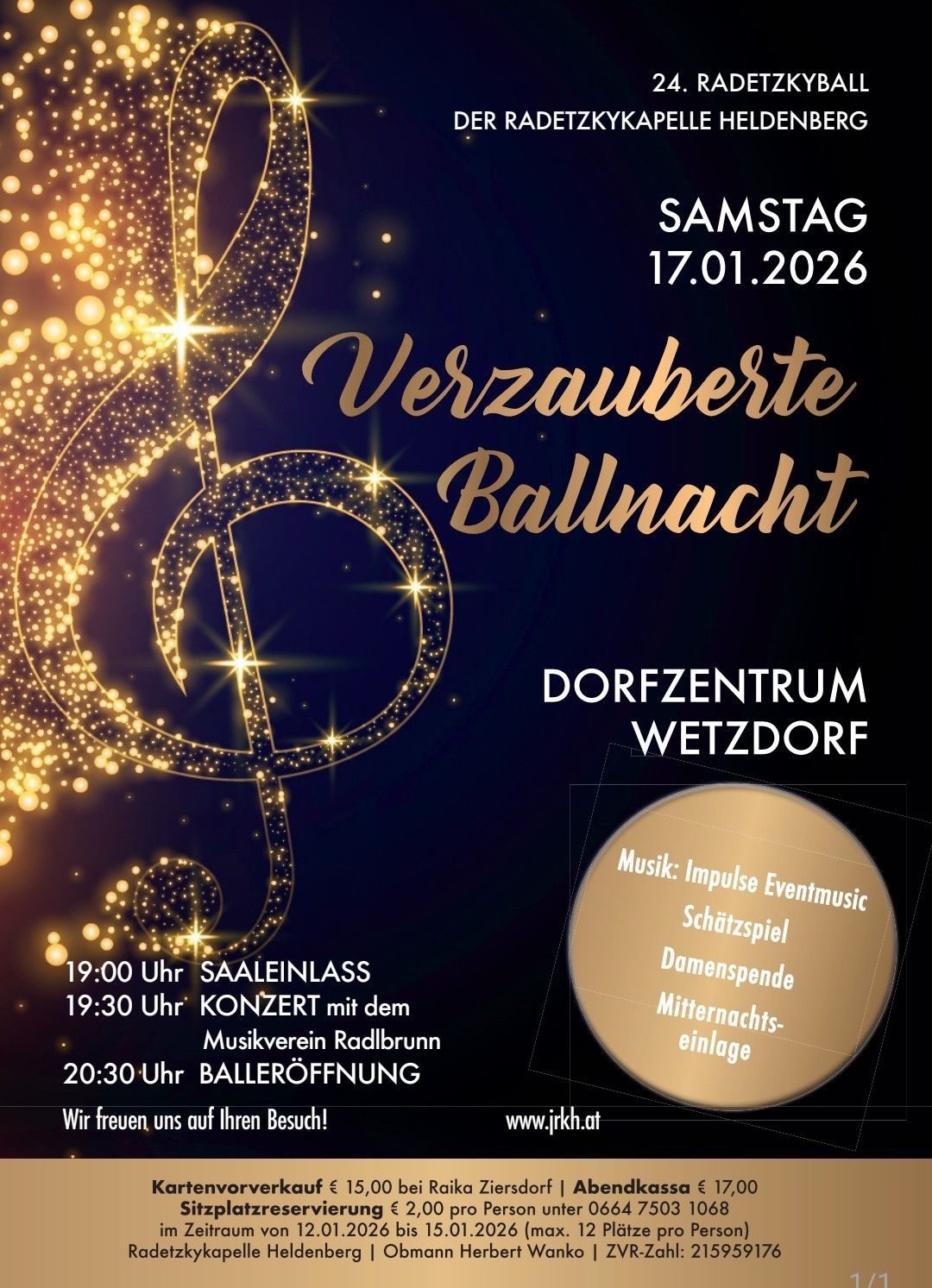 Plakat für eine Samstagabend-Veranstaltung im Dorfzentrum Wetzdorf. Zeigt einen musikalischen Notenschlüssel mit Lichtern, das Datum 17.01.2026 und den Veranstaltungsnamen 'Verzauberte Ballnacht'. Zeitplan beinhaltet einen Walzer um 19:00, ein Konzert um 19:30 und die Balleröffnung um 20:30.
