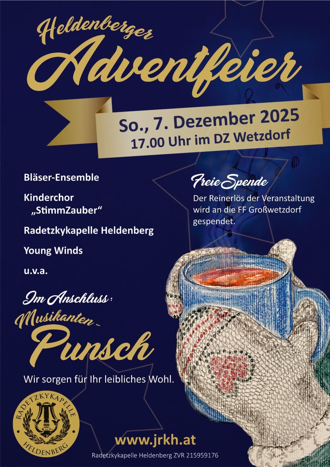 A poster advertising a musical event. The poster features a cup of tea and mentions a free donation. It lists participants and includes a warm beverage offer. Date and time are provided for December 7, 2025, at 5 PM.