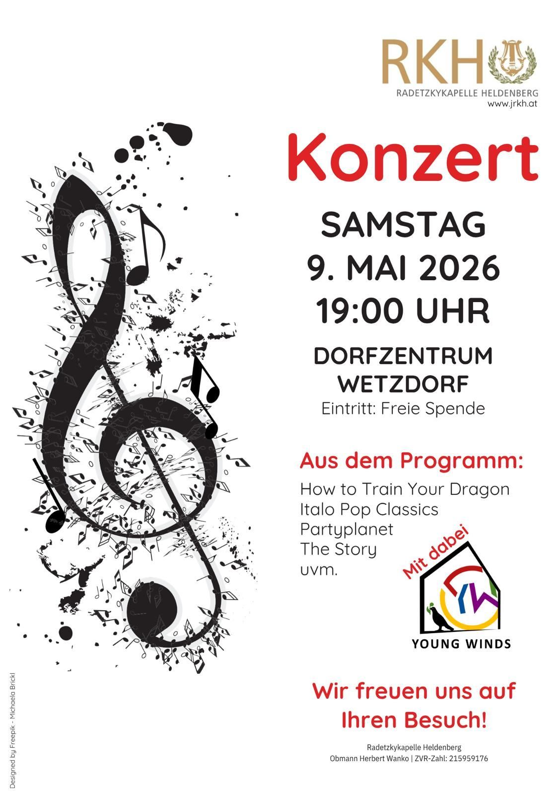 Plakat für ein Konzert mit musikalischem Thema. Das Datum ist Samstag, 9. Mai 2026, um 19:00 Uhr. Der Veranstaltungsort ist Dorfzentrum Wetzdorf. Der Eintritt ist frei. Das Programm umfasst How to Train Your Dragon, Italo Pop Classics, Partyplanet, The Story und mehr.
