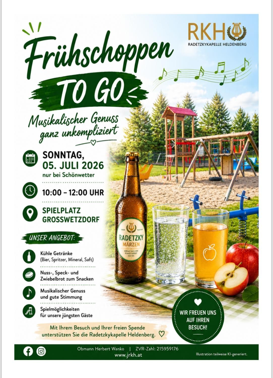 Event poster for Frunkschoppn To Go, July 5, 2026, 10:00-12:00, Grosswetzdorf. Cold drinks, snacks, and music. For young guests.