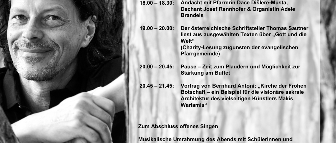 Das Bild zeigt ein Plakat für eine Veranstaltung in der Evangelischen Kirche der Frohen Botschaft in Waidhofen/Thaya. Es zeigt ein Bild eines Mannes und eine Zeitleiste mit Zeiten und Aktivitäten.