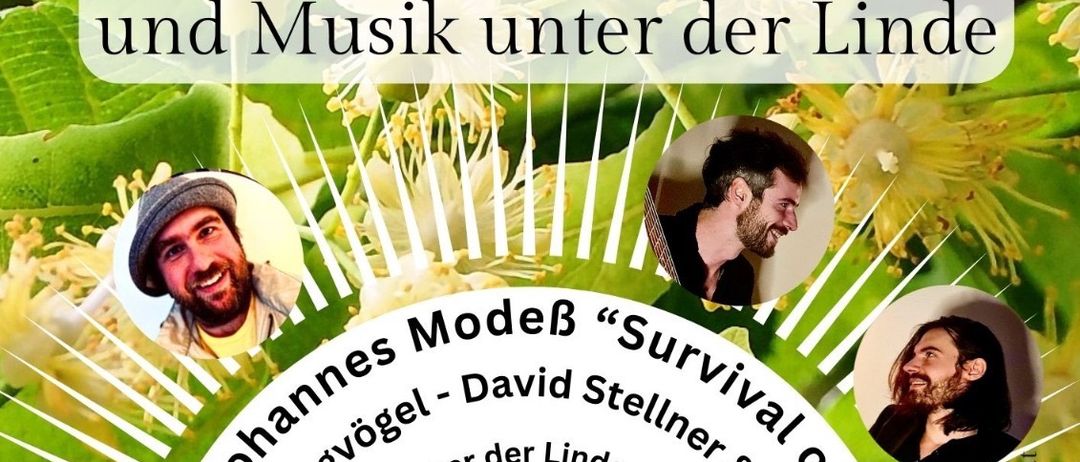 Ein Veranstaltungsposter zeigt drei Männer, einen lächelnd und zwei mit ernster Miene. Das Plakat bewirbt ein 'Kirschenkabaret, Grillfest und Musik unter der Linde' am Samstag, 28. September 2025, um 14:00 Uhr.