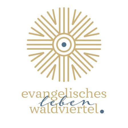 Ein goldenes Sonnenlogo mit einem blauen Auge in der Mitte. Darunter steht der Text 'evangelisches leben waldviertel.' Das Design ist minimalistisch mit einer modernen Ästhetik.