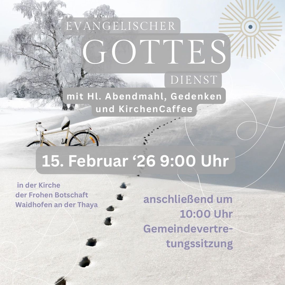 An invitation for a church service with Holy Supper, prayers, and coffee on February 15, at 9:00 PM, in Waidhofen an der Thaya.