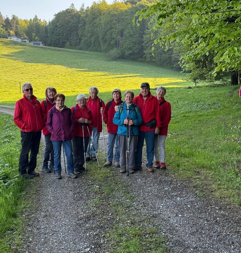 Eine Gruppe älterer Menschen, gekleidet in rote und blaue Jacken, steht mit Wanderstöcken auf einem Schotterweg, umgeben von einem üppigen grünen Feld und Bäumen.