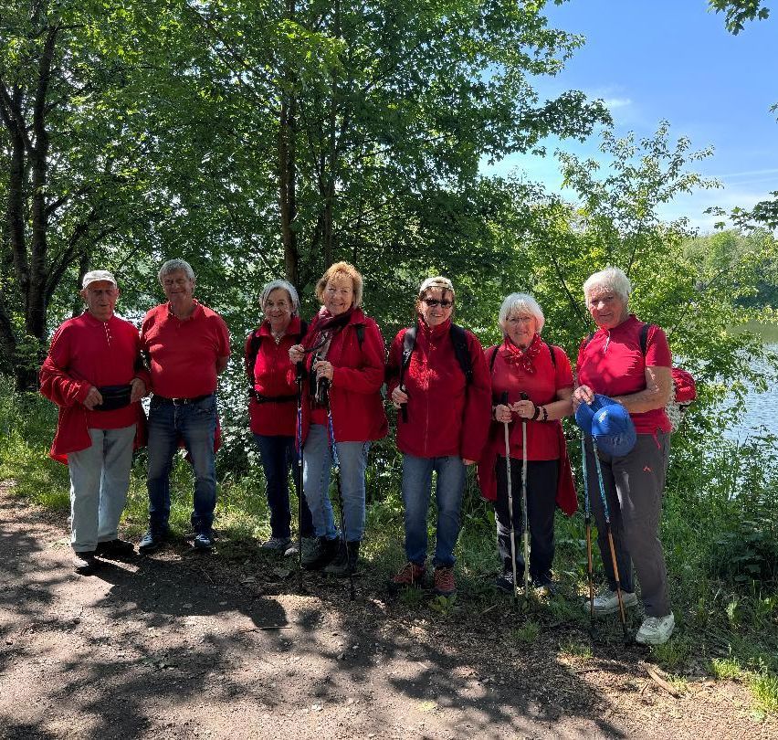 A group of elderly individuals dressed in red gear are standing in a forest, holding trekking poles. They seem to be posing for a photo.