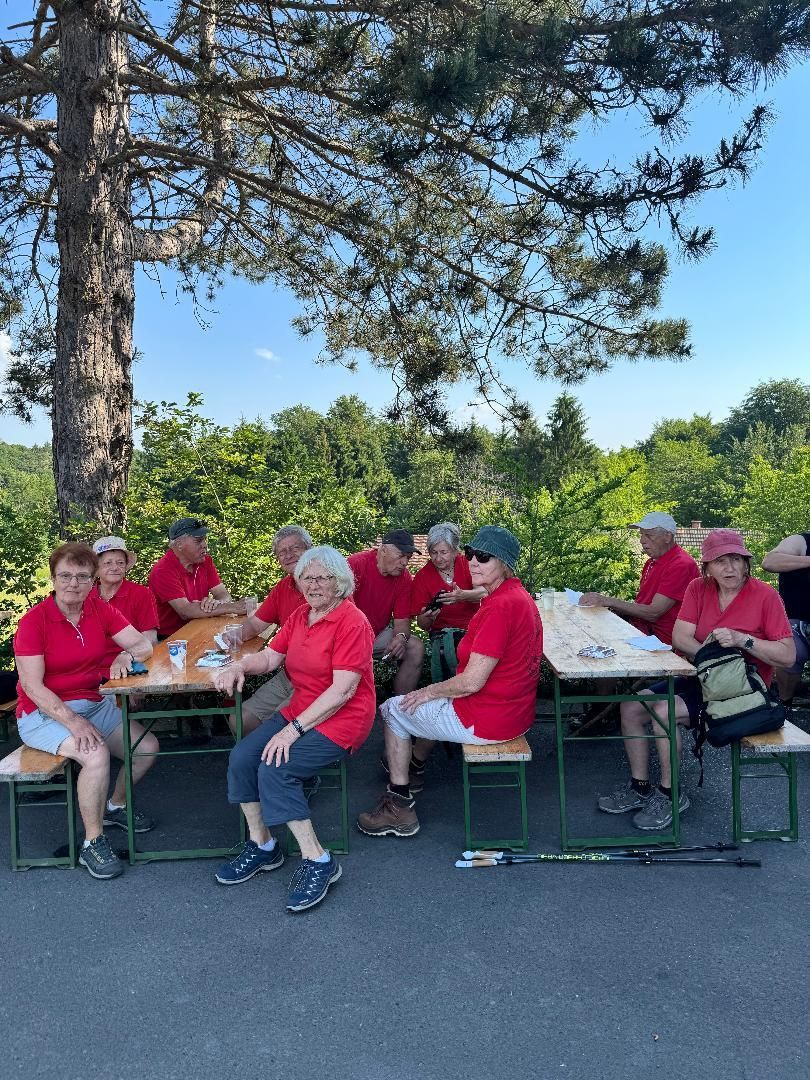 Eine Gruppe älterer Menschen in roten Shirts sitzt an Tischen unter einem Baum in einem Park. Sie lächeln und posieren für ein Foto.