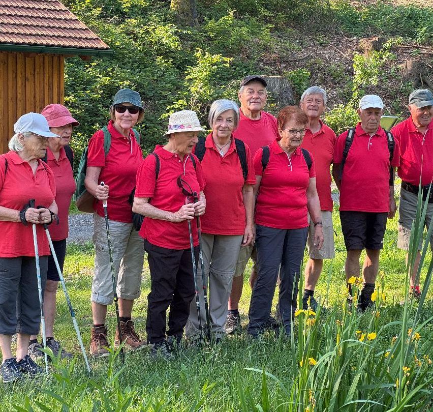 Eine Gruppe älterer Menschen in roten Shirts steht auf einer Wiese, hält Wanderstöcke in der Hand und trägt Mützen. Sie scheinen auf einer Wanderung zu sein.