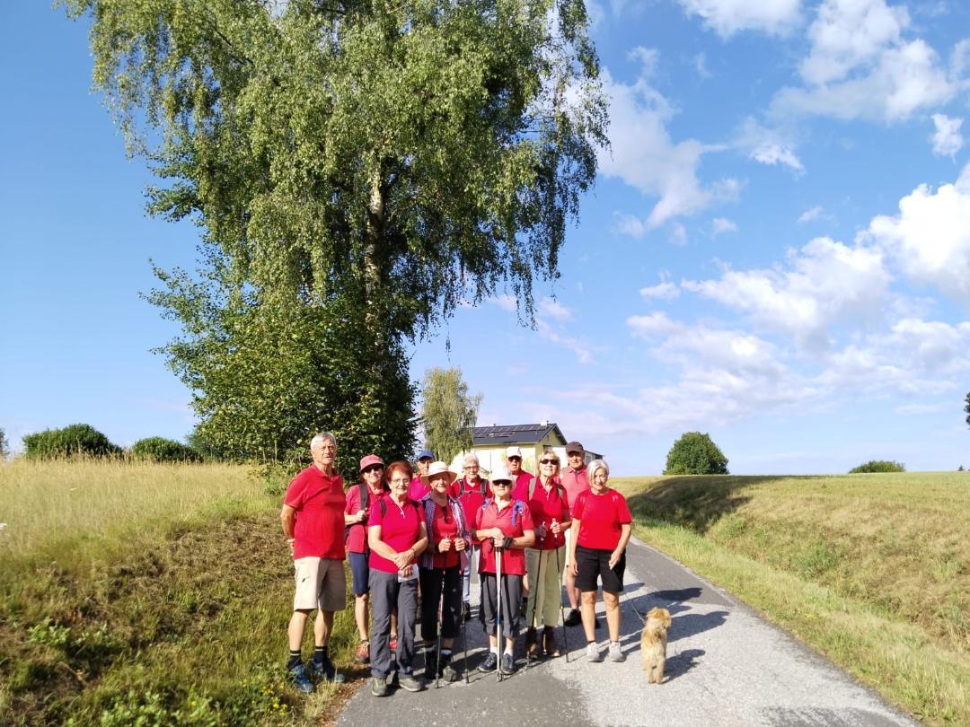 Wandergruppe in roten T-Shirts auf einem asphaltierten Weg in der Steiermark