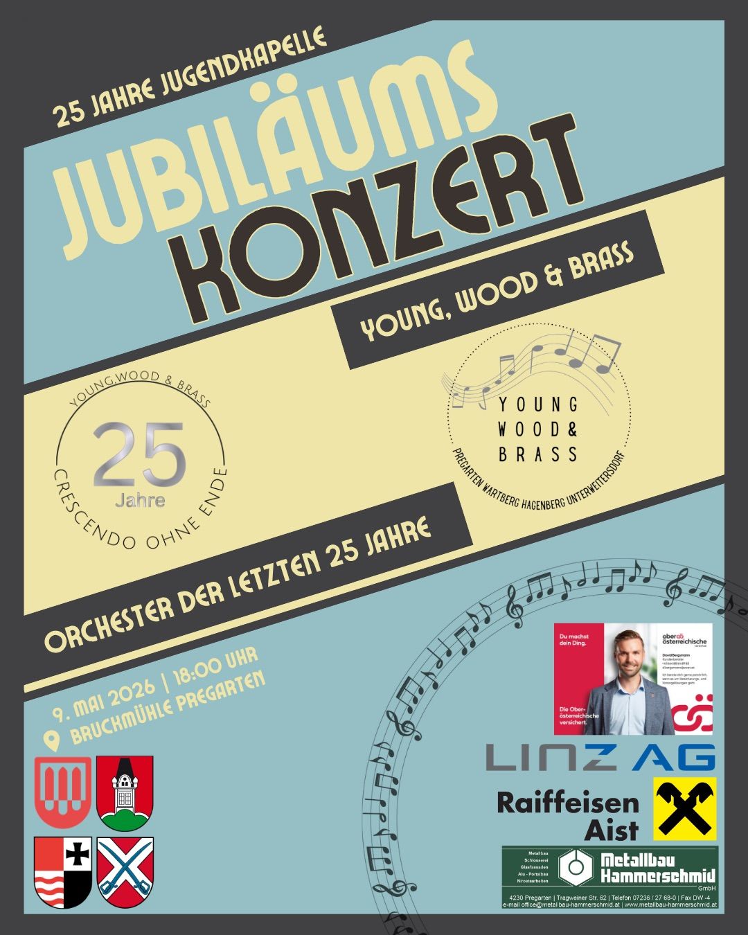 Plakat für ein 25-jähriges Jubiläumskonzert von Young, Wood & Brass. Enthält Musiknoten, ein Bild eines Mannes und Veranstaltungsdetails wie Datum und Ort.