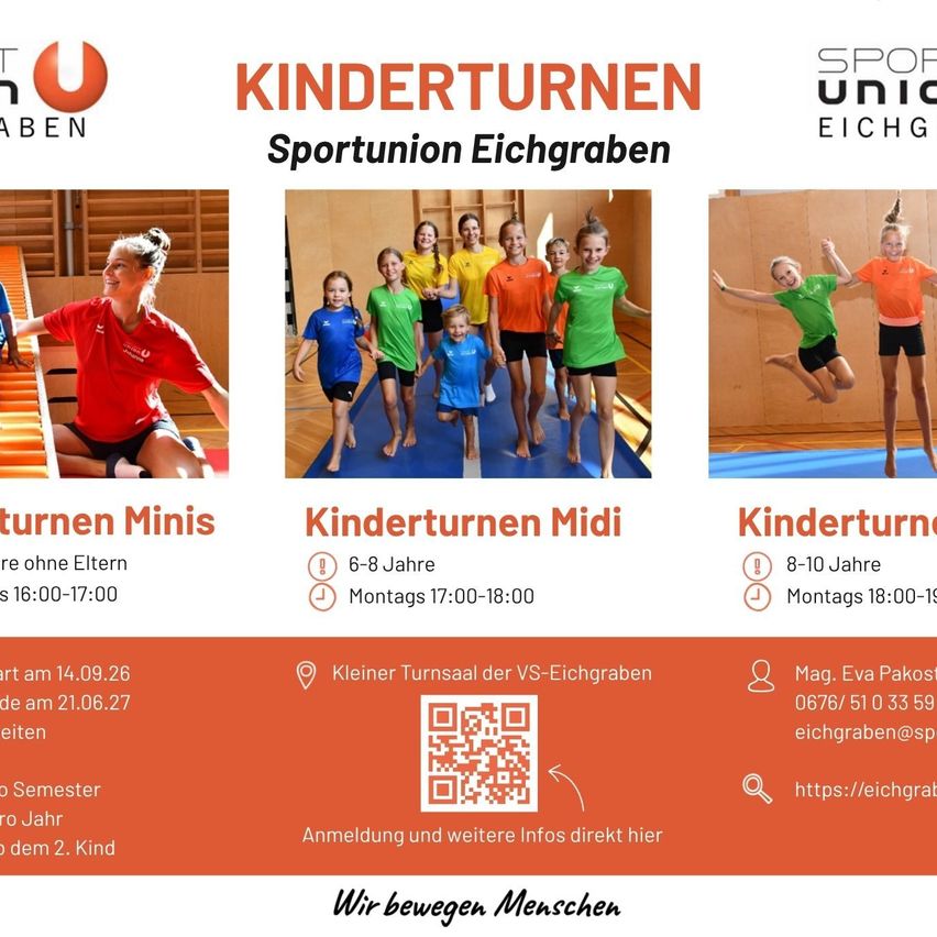 Kinderturnen Sportunion Eichgraben: Kinder springen und rennen auf Turnmatten in einer Sporthalle.