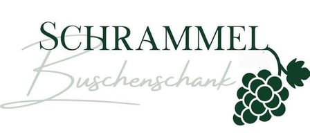 Das Schrammel-Logo für Buschenschank mit einem grünen Blatt und Trauben auf der rechten Seite.