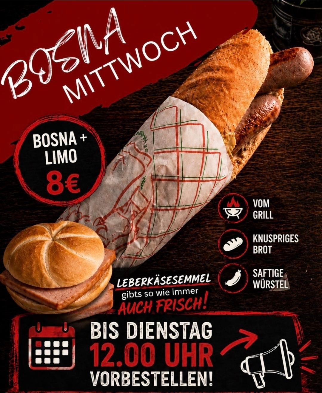 Eine Werbung für ein Hotdog- und Sandwich-Special. Es enthält ein Hotdog im Brötchen und ein Sandwich mit mehreren Fleischscheiben. Der Preis beträgt 8€ und es ist bis Dienstag um 12 Uhr erhältlich.