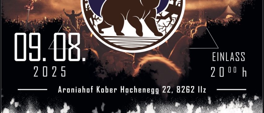 Das Plakat für die Beerenparty am 9. August 2025 zeigt einen Bären vor einer Menge, mit Angaben zur Zeit und zum Ort der Veranstaltung.