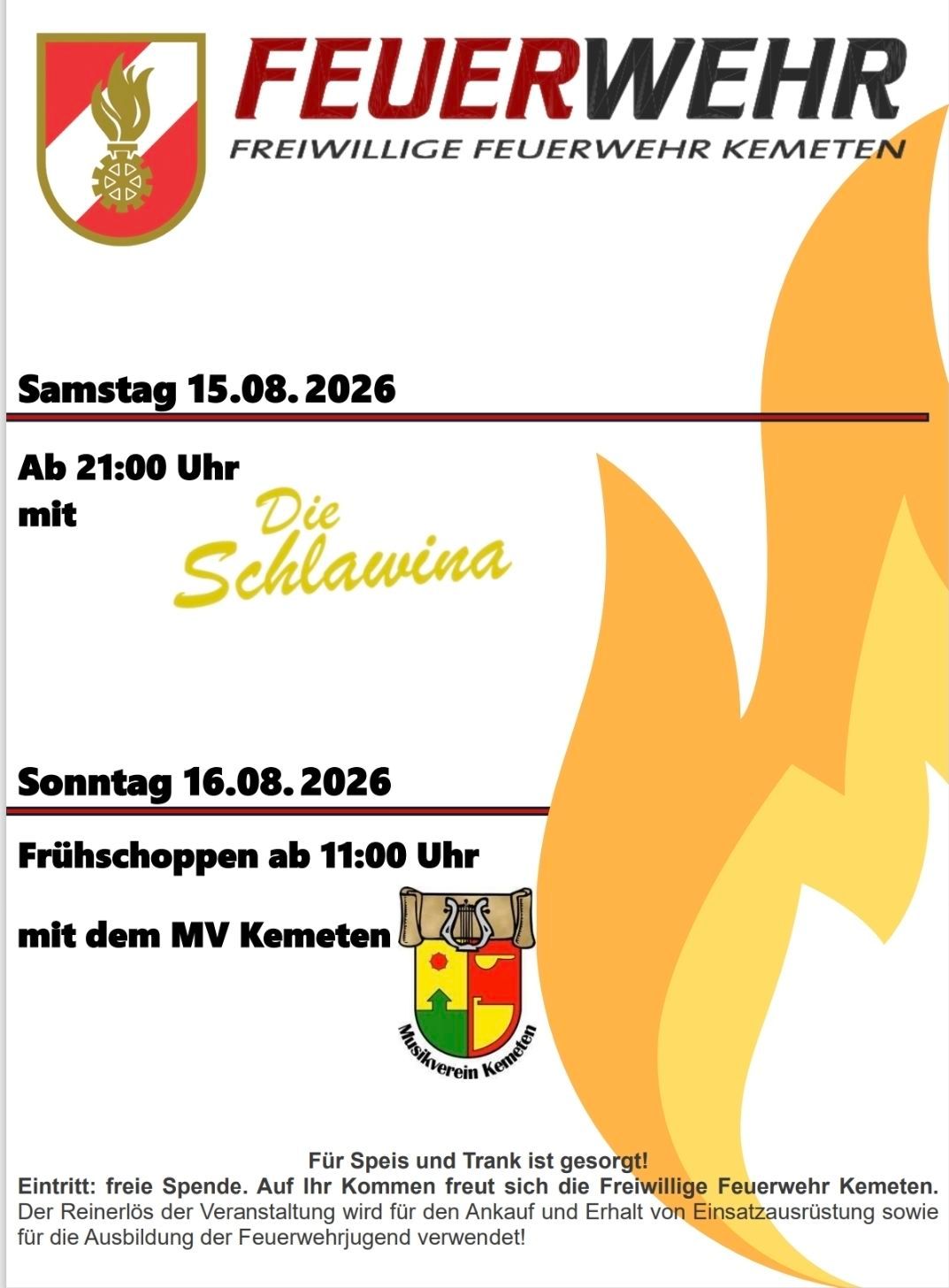 Ein Plakat mit einem Zeitplan für zwei Veranstaltungen. Samstag, 15. August 2026, Beginn um 21:00 Uhr mit Die Schlafwina. Sonntag, 16. August 2026, Beginn um 11:00 Uhr mit MV Kemet.