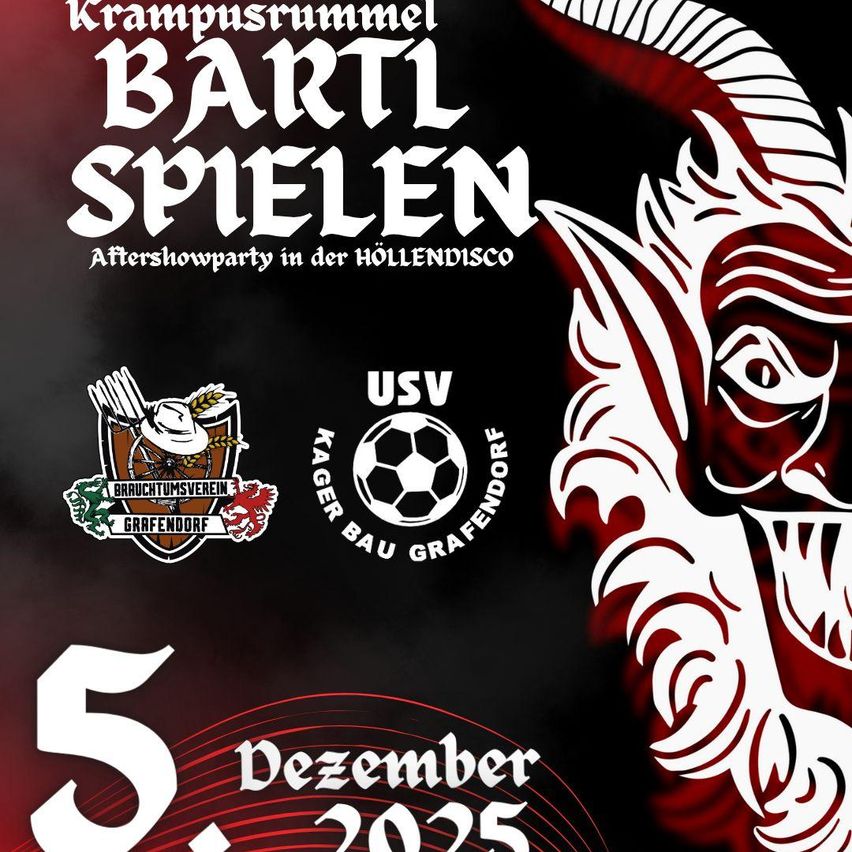 Plakat für die Krampusrumm Baril Spelen Veranstaltung am 5. Dezember 2025. Zeigt ein Logo mit einem Fußball und Text auf Deutsch.
