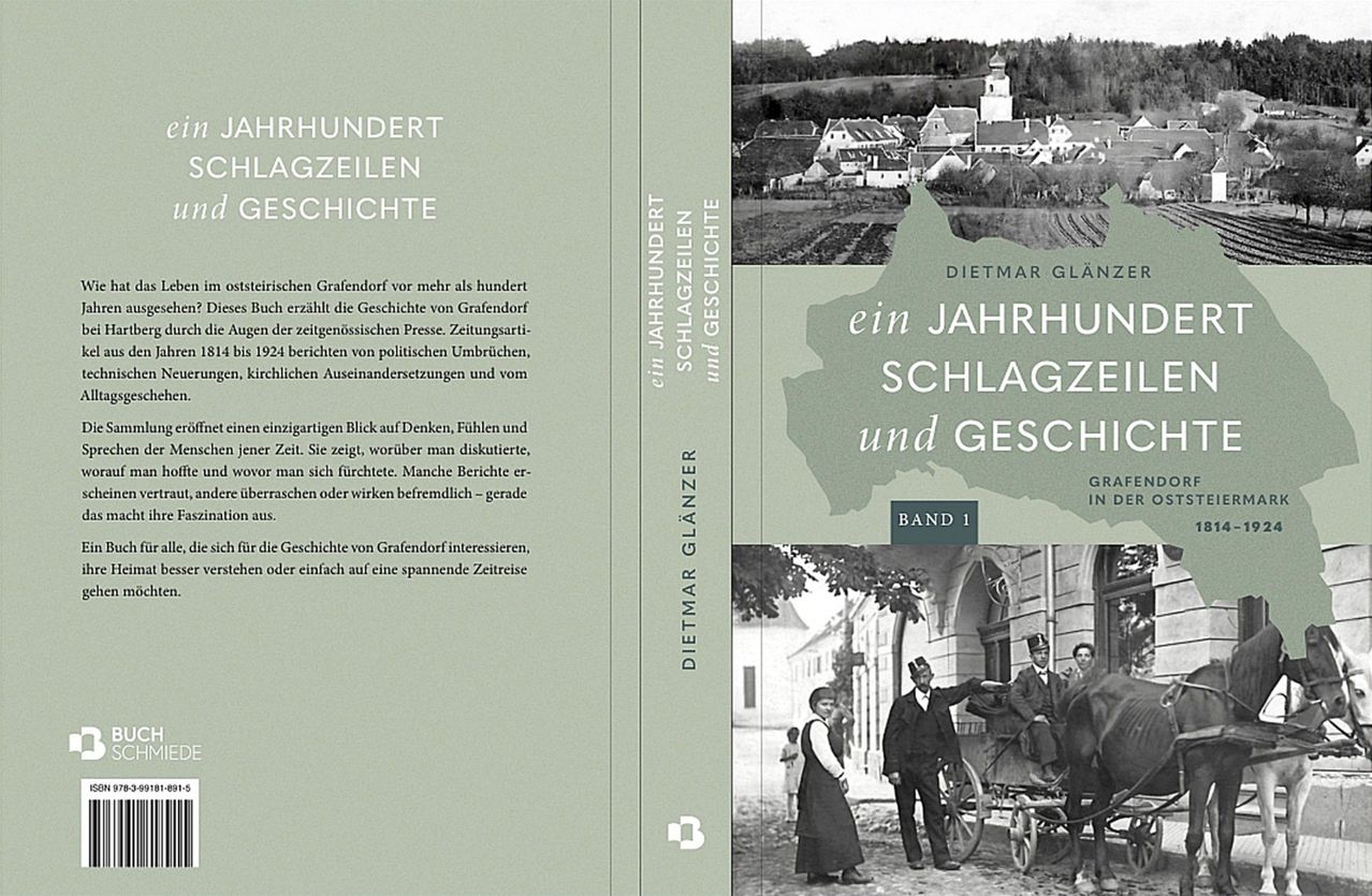 Ein Buchcover mit historischem Text und einem Bild eines Dorfes und Menschen in alten Kleidern. Der Titel lautet 'Ein Jahrhundert Schlagzeilen und Geschichte'.
