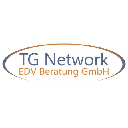 Das Logo der TG Network EDV Beratung GmbH, mit einem kreisförmigen Design und dem Firmennamen in blauer Schrift, eingefasst in einer ovalen Form.