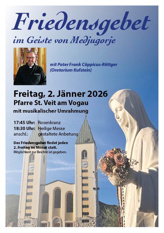 Plakat für eine religiöse Veranstaltung in der Kirche St. Veit am Vogau mit einem Priester, geplant für den 2. Jänner 2026. Aktivitäten umfassen einen Rosenkranz um 17:45 Uhr, eine Heilige Messe um 18:30 Uhr und einen gestalteten Gottesdienst.