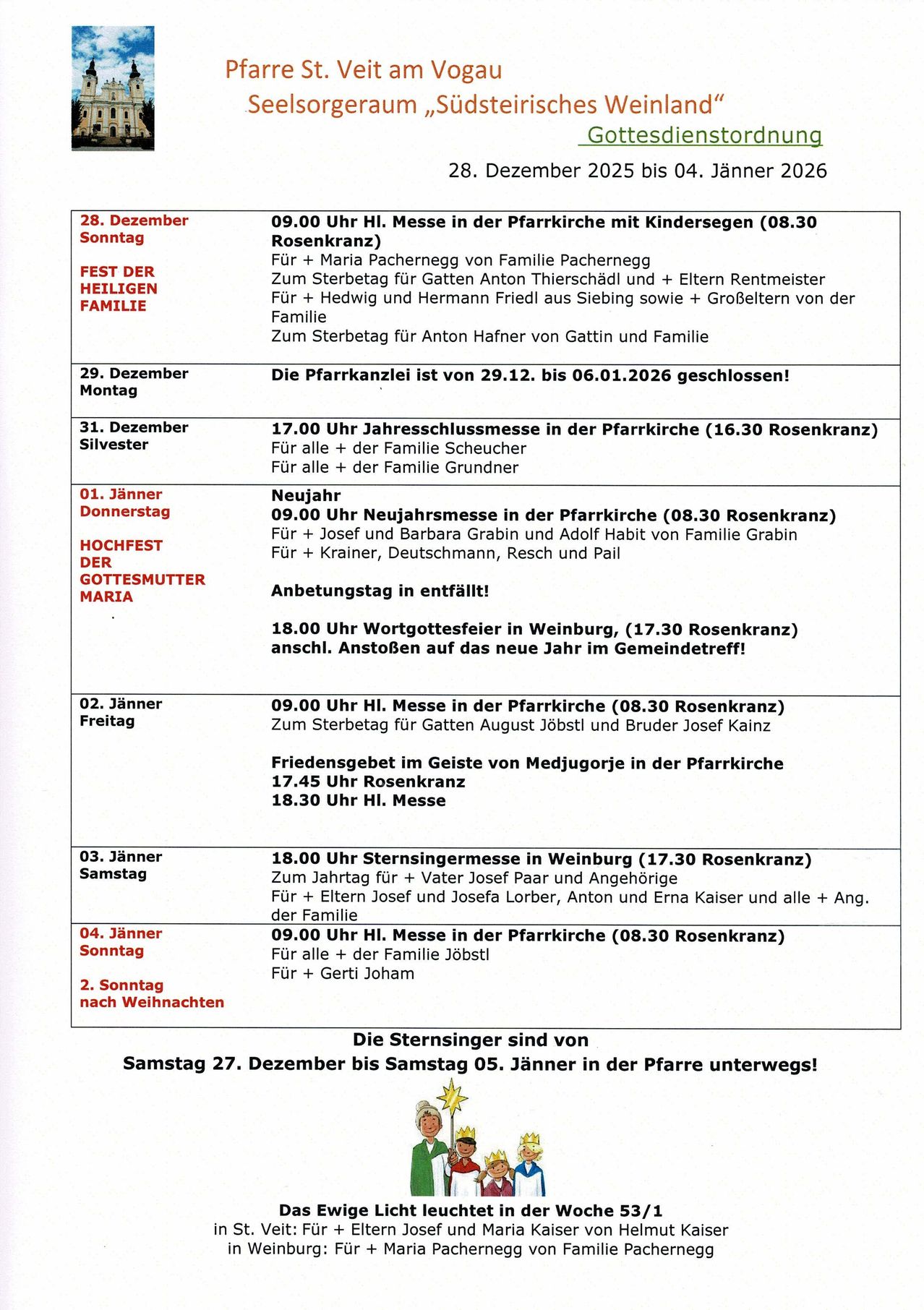 Das Bild zeigt verschiedene Kirchendienste und Veranstaltungen. Es enthält Daten, Zeiten und Details von Messen, Gebetsdiensten und Feiern mit Familiennamen. Die Gottesdienste reichen von 28. Dezember bis 4. Januar.
