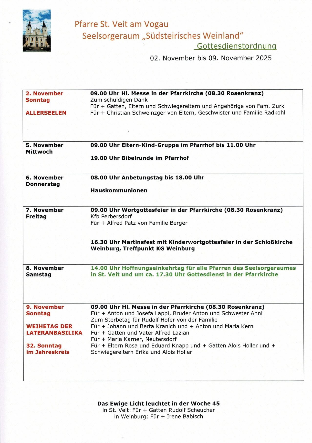 Das Bild zeigt einen Zeitplan für kirchliche Veranstaltungen und Gottesdienste im November. Es enthält Daten, Uhrzeiten und Beschreibungen verschiedener religiöser Aktivitäten wie Messen, Versammlungen und Feste.